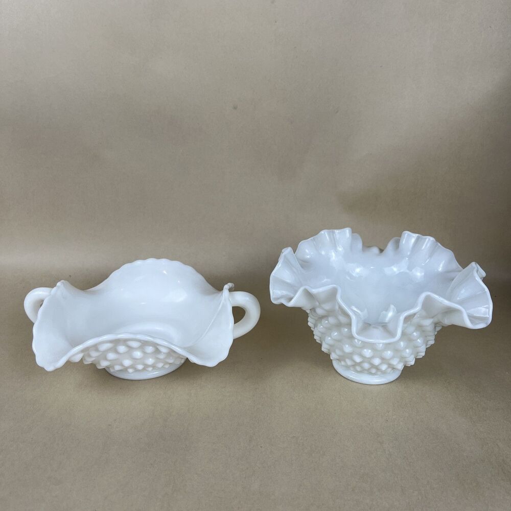 Vintage Fenton Hobnail Milk Glass Ruffled Candy Dish/ Bowl Set Of‎ 2 EUC